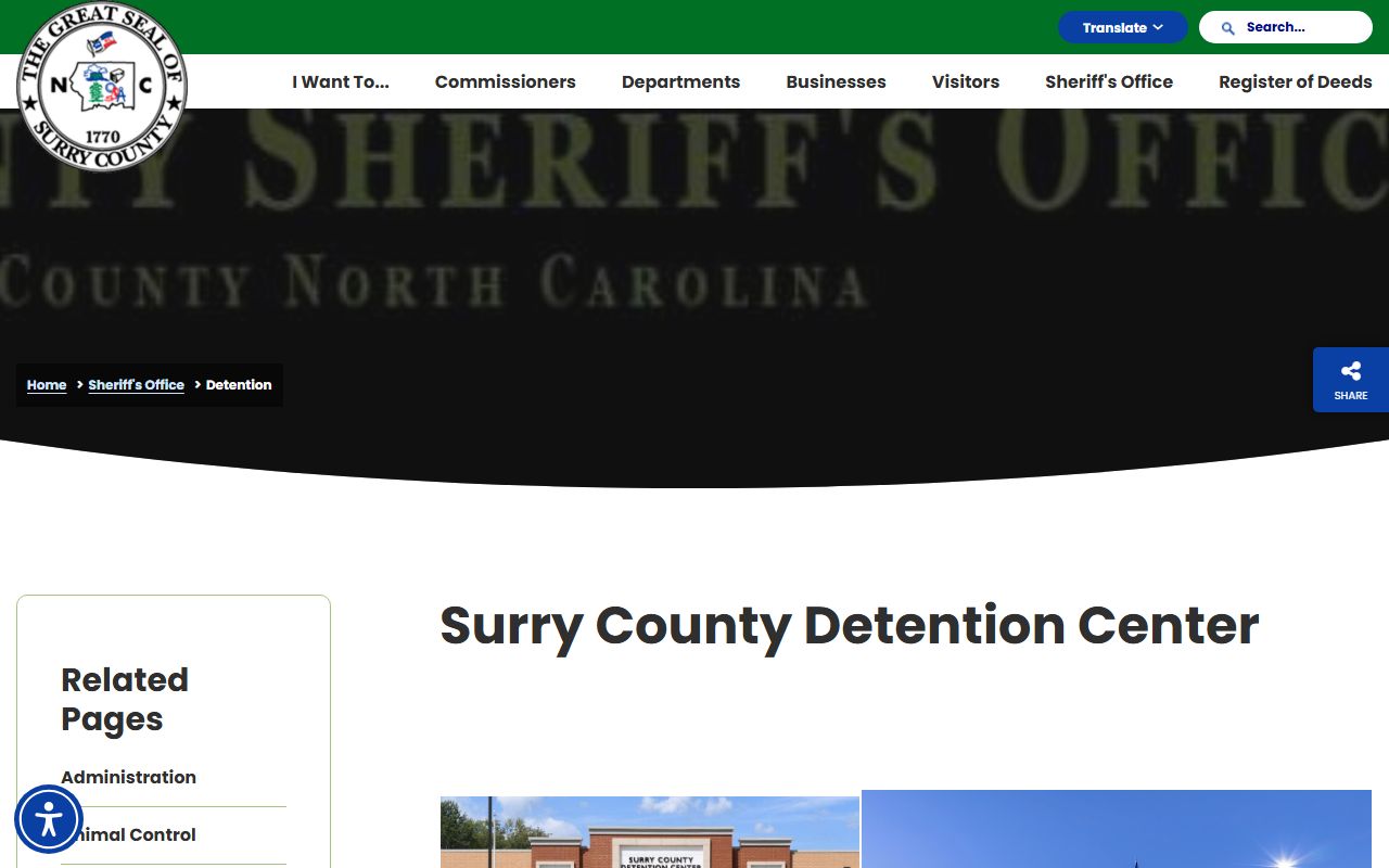 Surry County Detention Center page with jail contact information