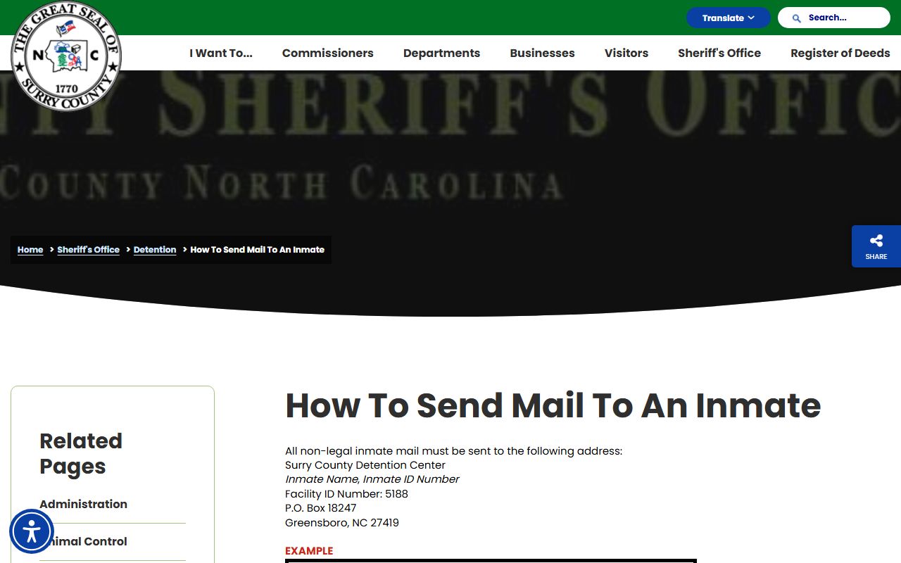 Surry inmate mail rules page with Greensboro scanning address