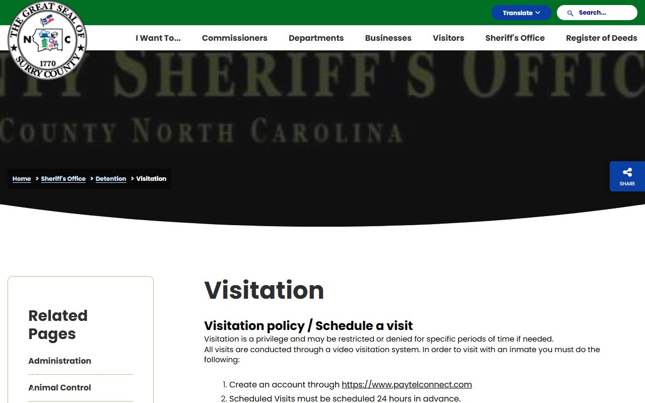 Surry jail visitation page with PayTel video visitation rules