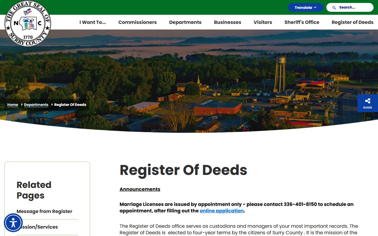 Surry County marriage records Register of Deeds office page