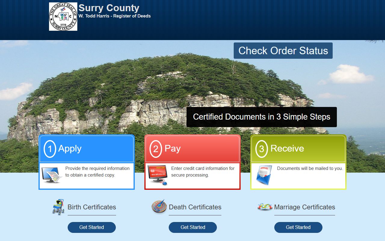 Surry County marriage records certified copy order page