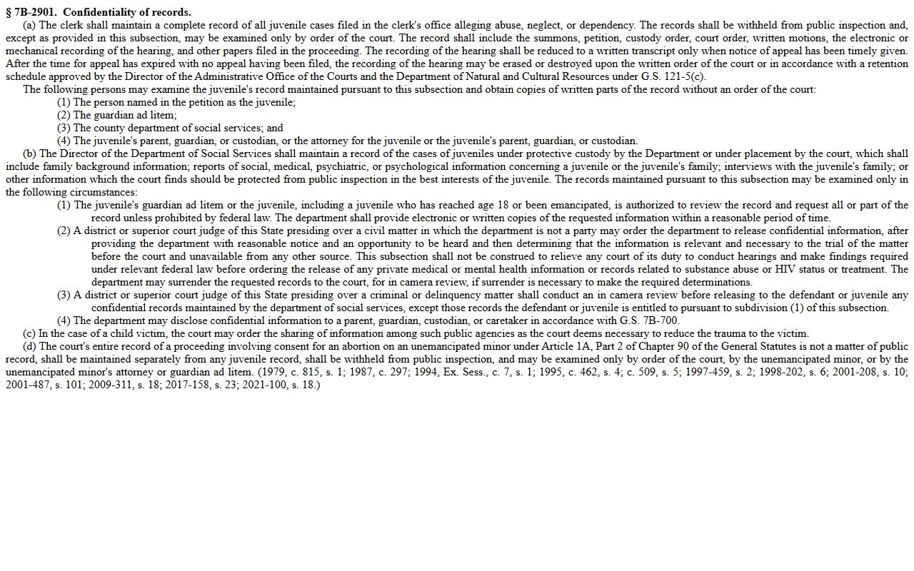 North Carolina abuse neglect and dependency records confidentiality statute page