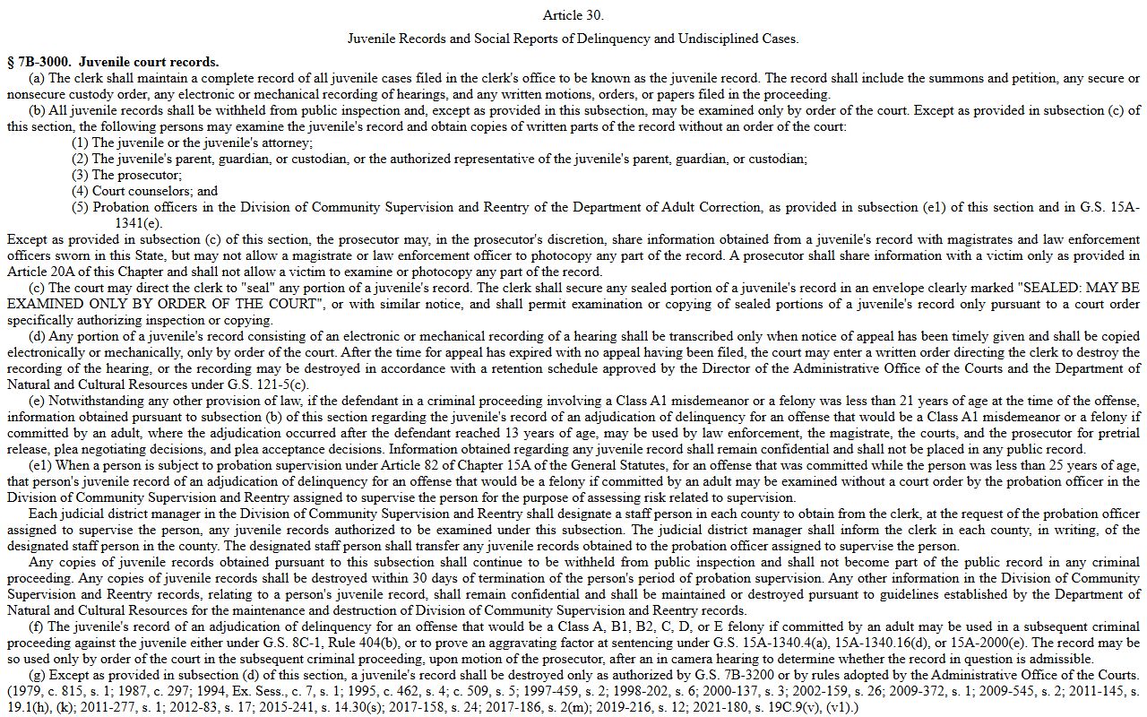 North Carolina juvenile court records confidentiality statute page