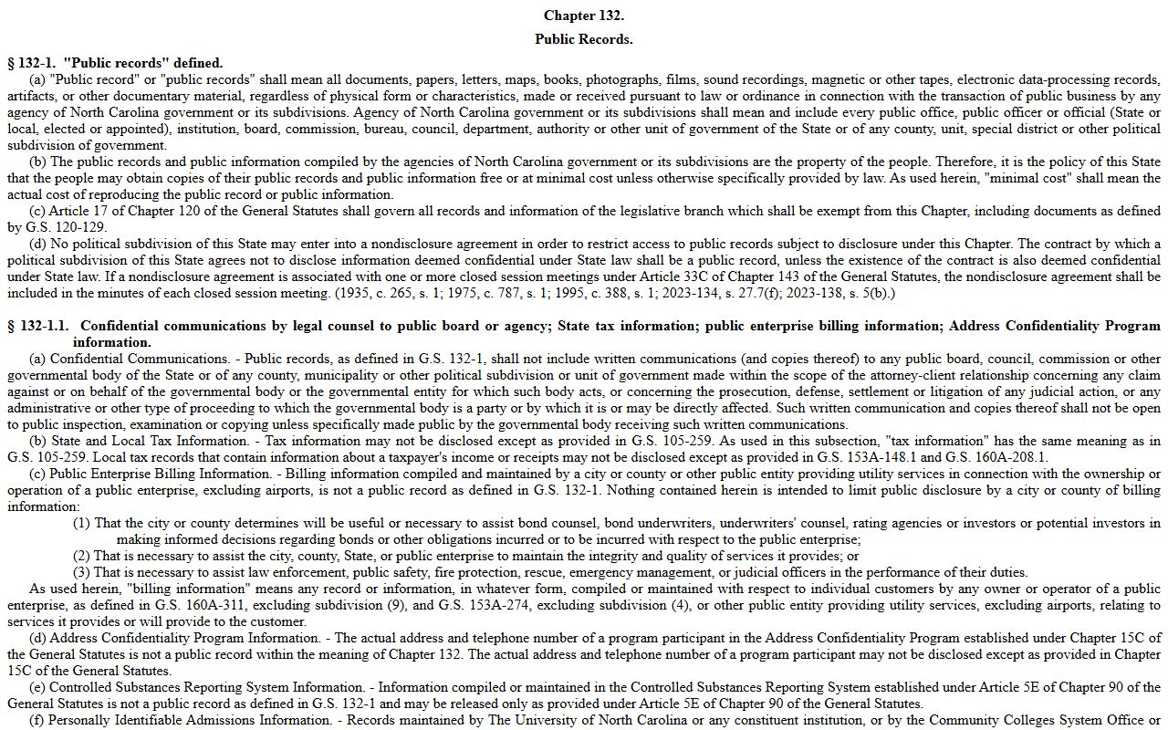 North Carolina Public Records Act chapter page