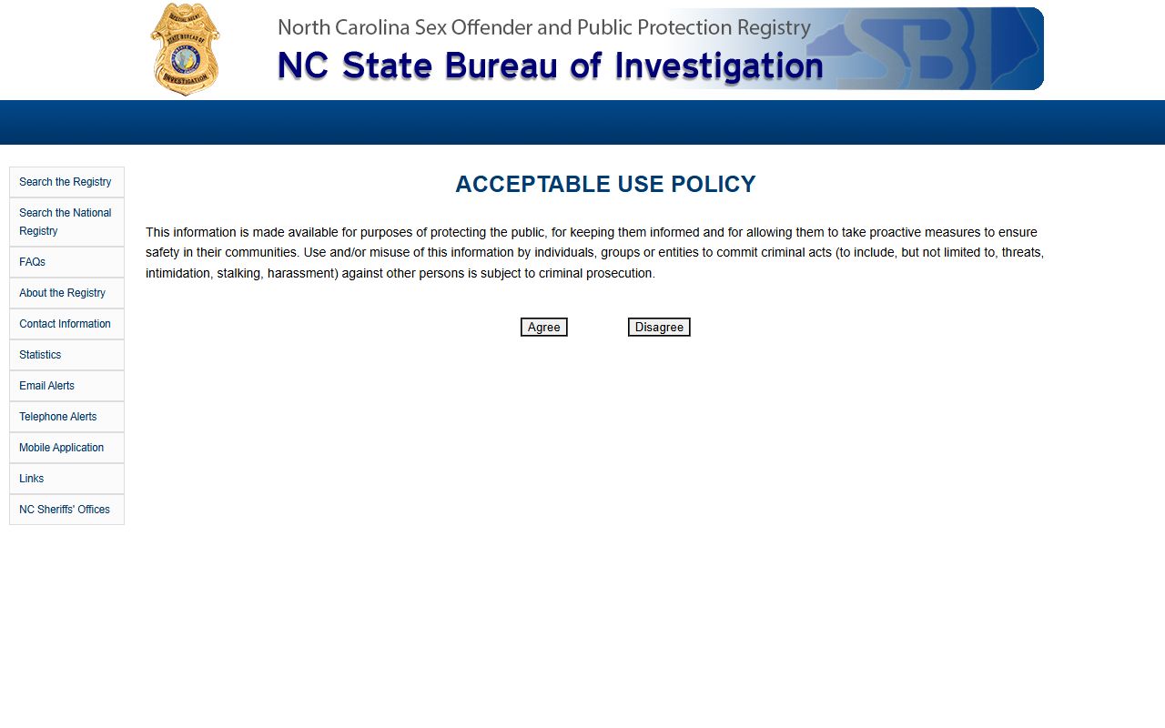 NC SBI sex offender registry search page